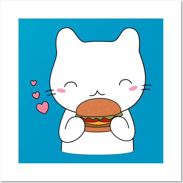 Cute cat on burger T-Shirt Wall Art by happinessinatee